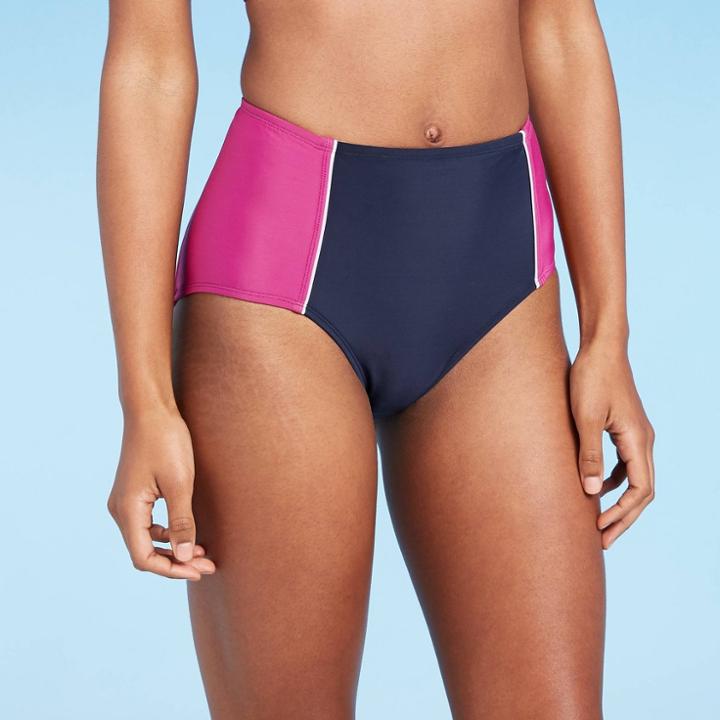 Women's High Waist Bikini Bottom - All In Motion Cranberry/navy Colorblock
