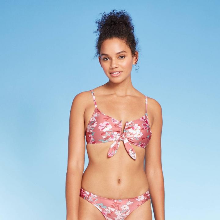 Women's V Wire Tie Front Bralette Floral Bikini Top - Xhilaration Mauve Floral Print Xs, Women's, Pink