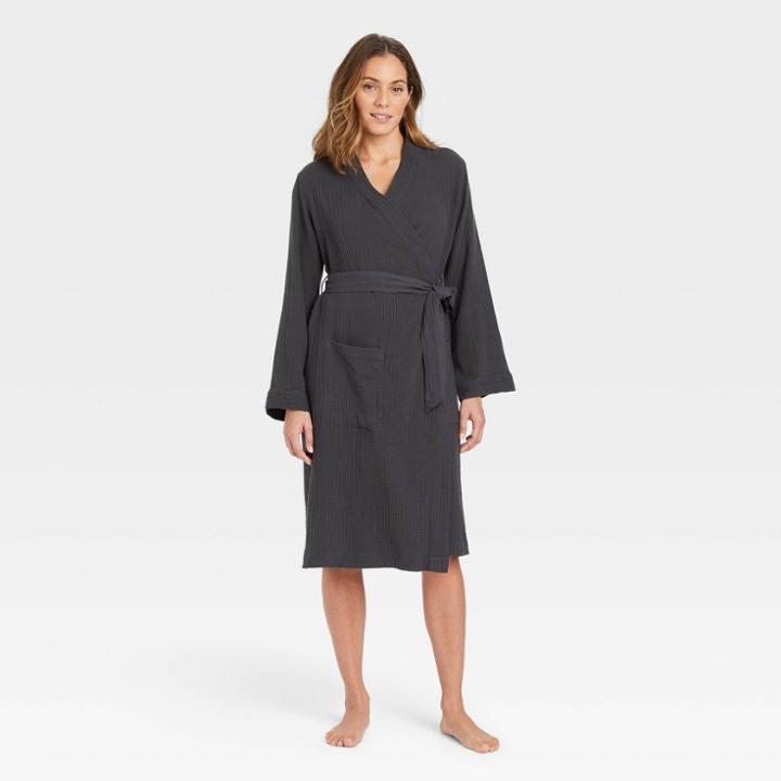 Women's 100% Cotton Long Robe - Stars Above Charcoal Gray