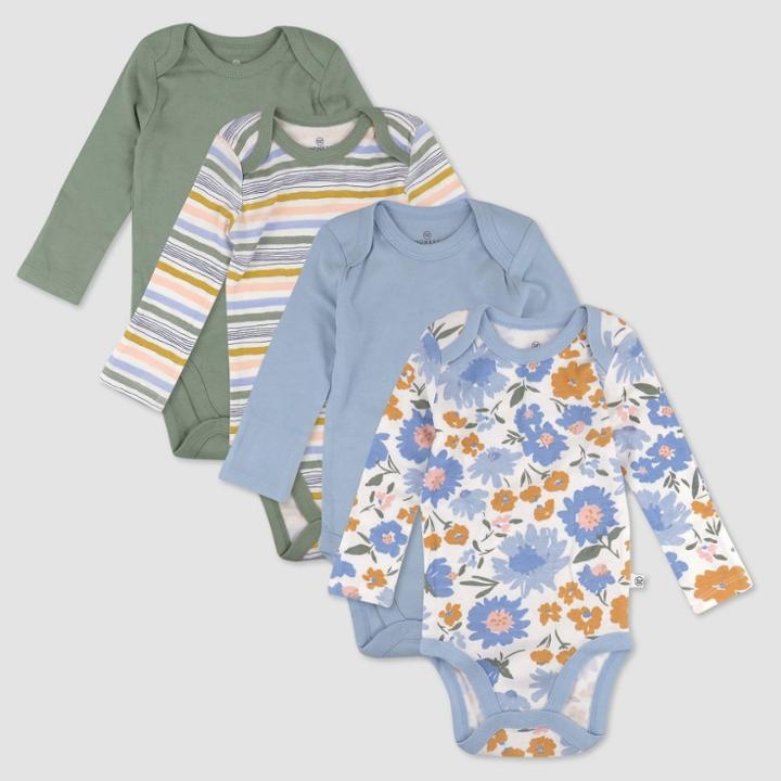 Honest Baby 4pk Organic Cotton Floral Long Sleeve Bodysuit - Blue