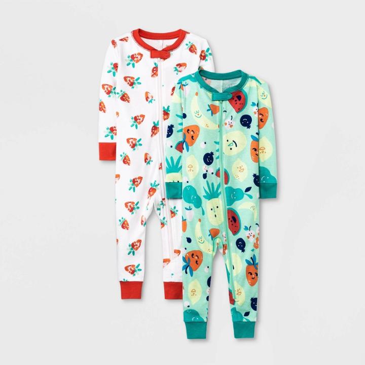 Baby Girls' 2pk Fruit Pajama Romper - Cat & Jack 12m, Blue/black/white