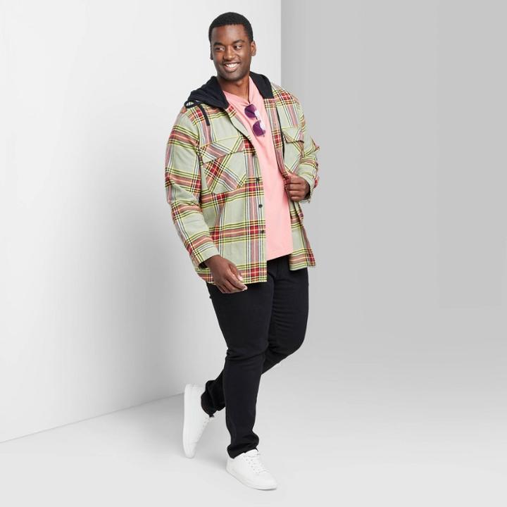 Adult Extended Size Woven Checked Hooded Button-down Shirt - Original Use Green