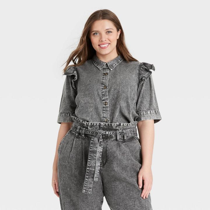 Women's Plus Size Puff 3/4 Sleeve Button-down Shirt - Who What Wear Black