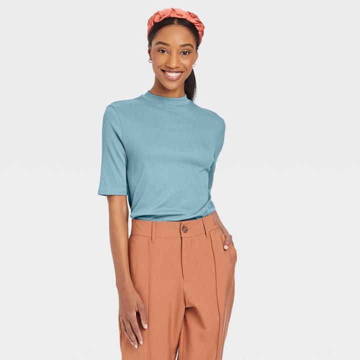 Women's Elbow Sleeve Mock Turtleneck T-shirt - A New Day Blue
