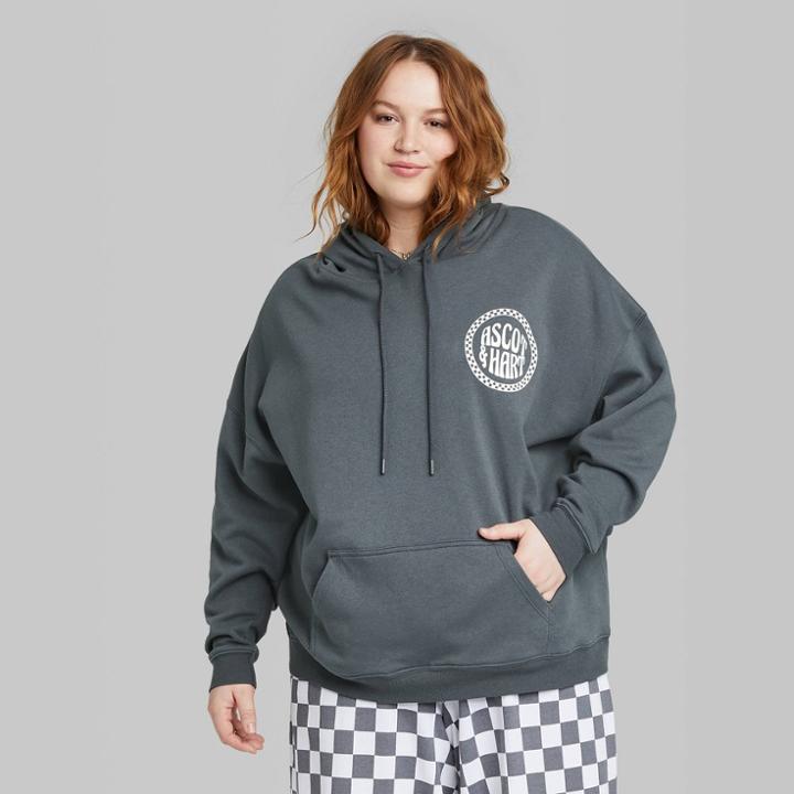 Women's Plus Size Ascot + Hart Peace Sign Hooded Graphic Sweatshirt - Gray