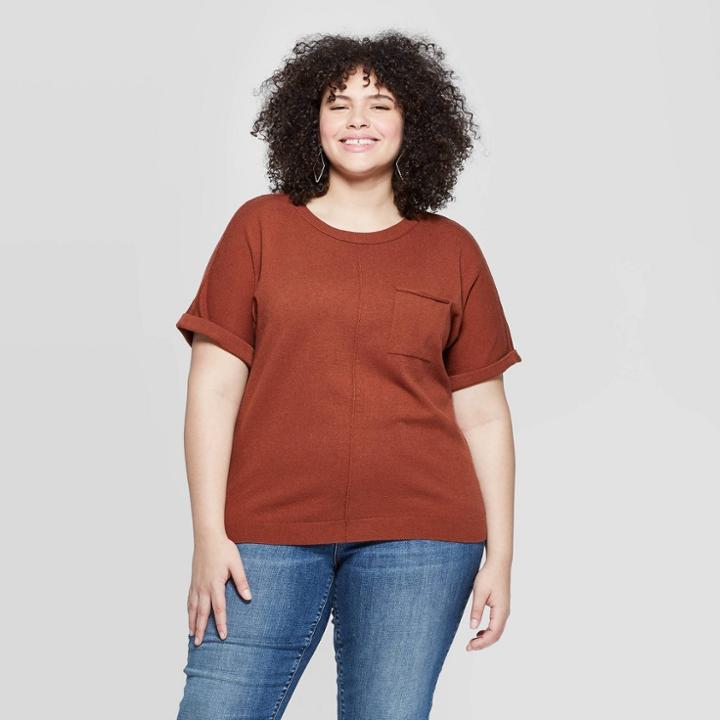 Target Women's Plus Size Short Sleeve Crewneck Pullover Sweater - Universal Thread Brown