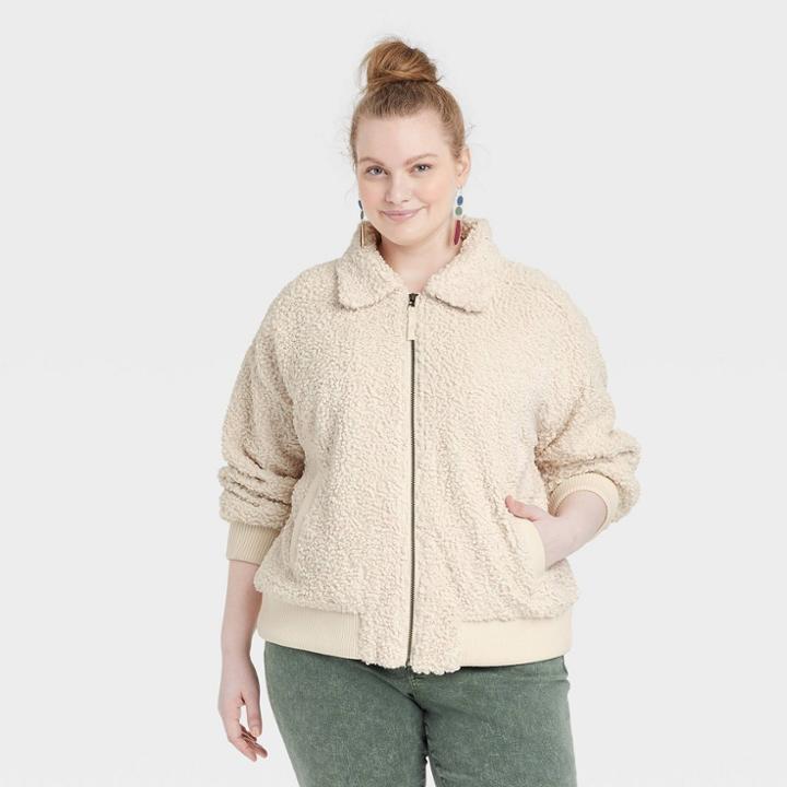 Women's Plus Size Sherpa Bomber Jacket - Universal Thread White