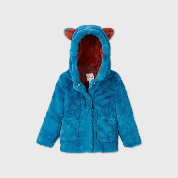 Toddler Girls' Hooded Ear Fashion Faux Fur Jacket - Cat & Jack Turquoise