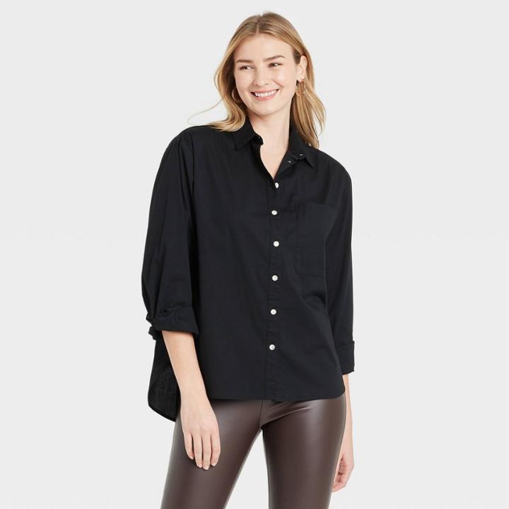 Women's Long Sleeve Button-down Boyfriend Shirt - A New Day Black