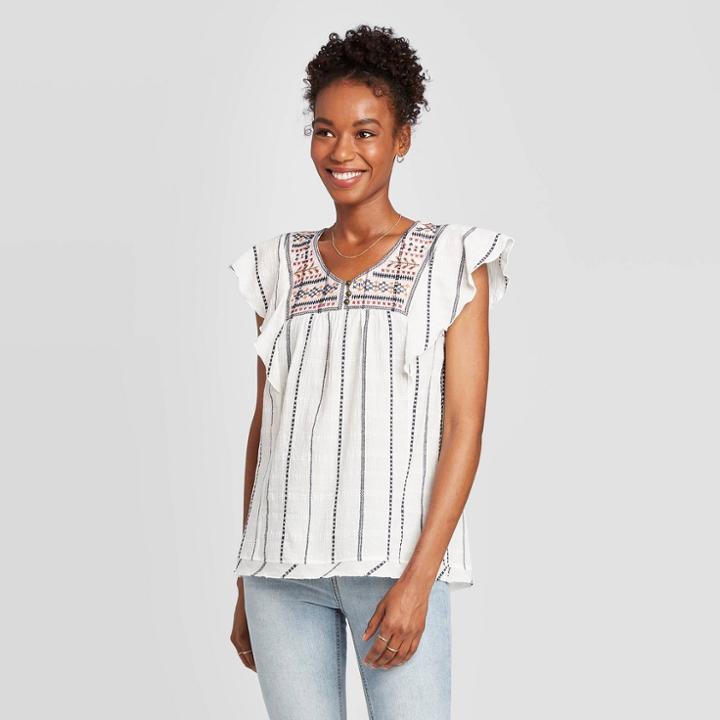 Women's Printed Flutter Short Sleeve Blouse - Knox Rose White