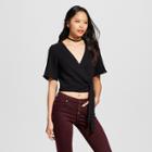 Women's Short Sleeve V-neck Wrap Cropped Top - Xhilaration (juniors') Black