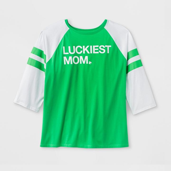 Shinsung Tongsang Women's 3/4 Sleeve Plus Size 'luckiest Mom' Baseball T-shirt - Green