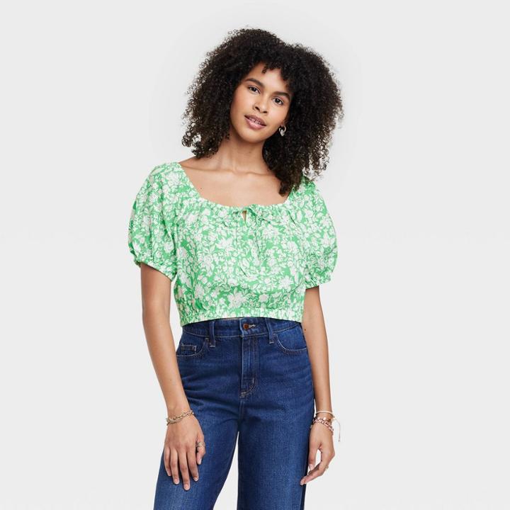 Women's Puff Short Sleeve Peasant Top - Universal Thread Green Floral