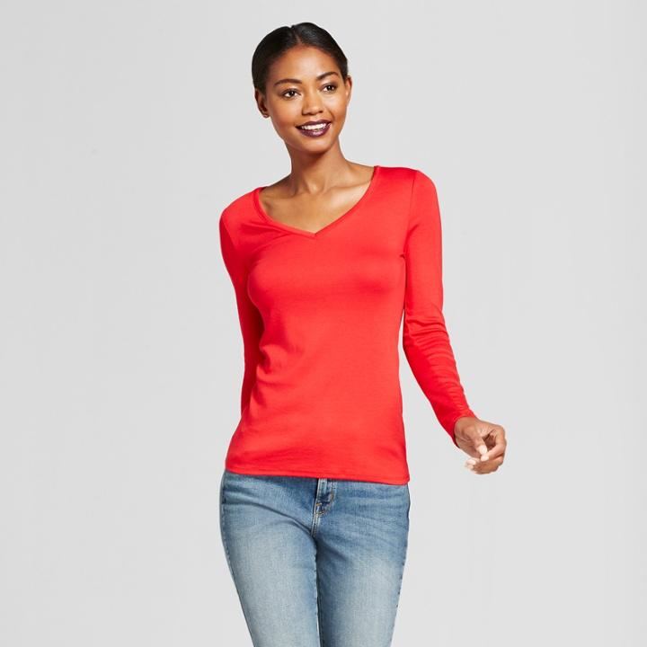 Women's Long Sleeve V-neck T-shirt - A New Day Red