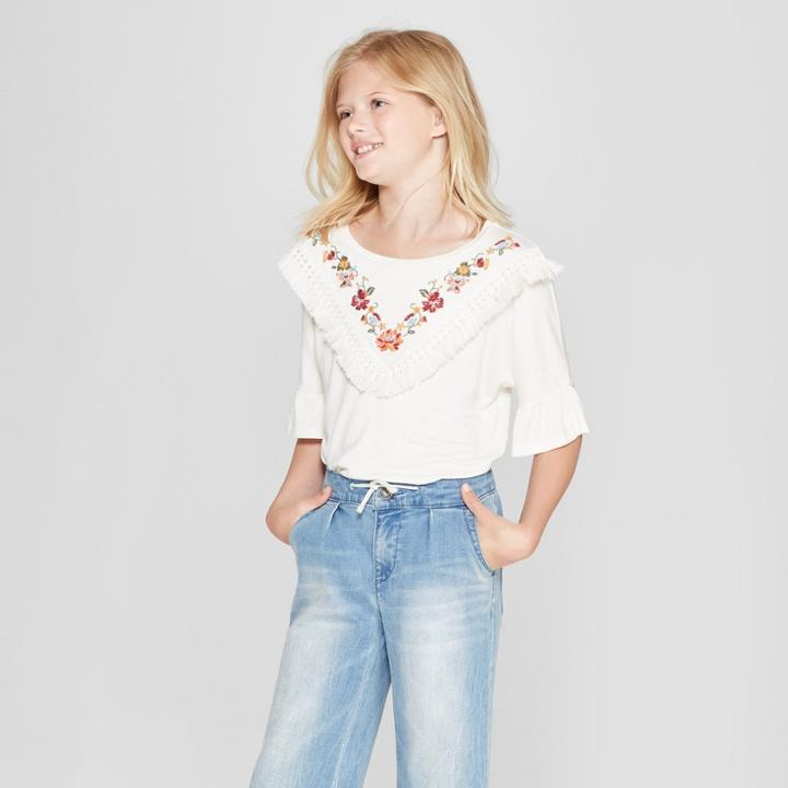 Girls' Short Sleeve Fringe And Embroidered Top - Art Class Off-white (beige)