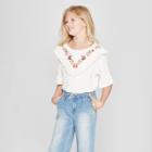 Girls' Short Sleeve Fringe And Embroidered Top - Art Class Off-white (beige)