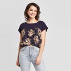 Women's Floral Print Short Sleeve Round Neck Knit To Woven T-shirt - Xhilaration Navy Xs, Women's, Blue