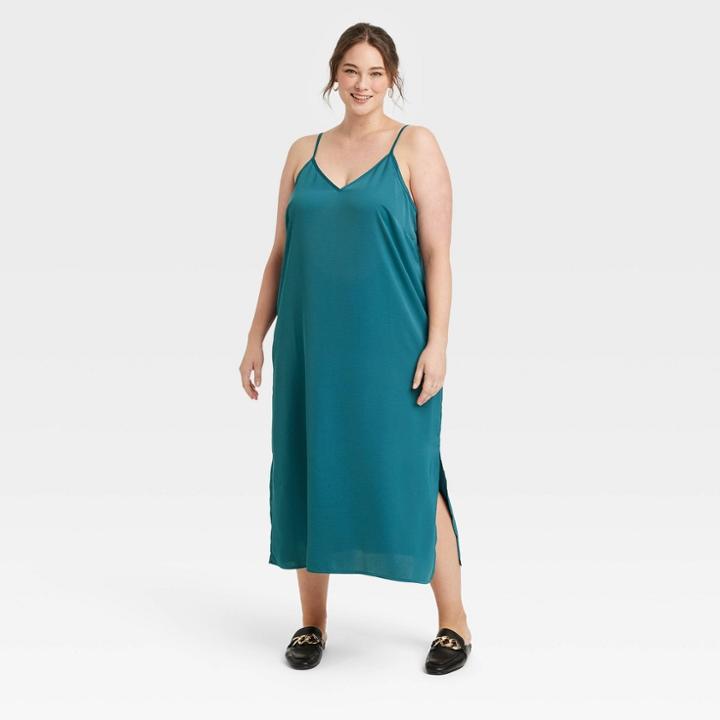 Women's Plus Size Satin Slip Dress - A New Day Teal