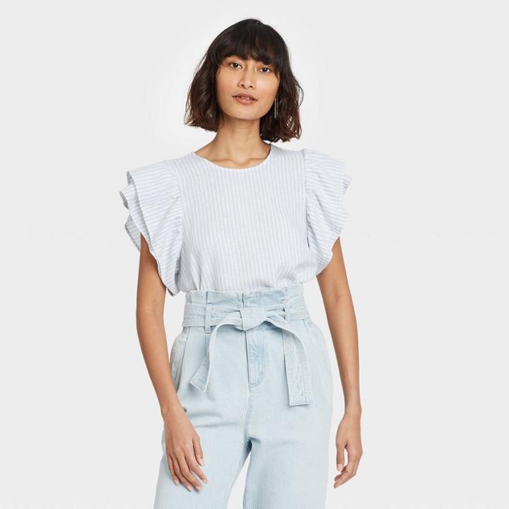 Women's Striped Ruffle Short Sleeve Linen Top - A New Day Blue