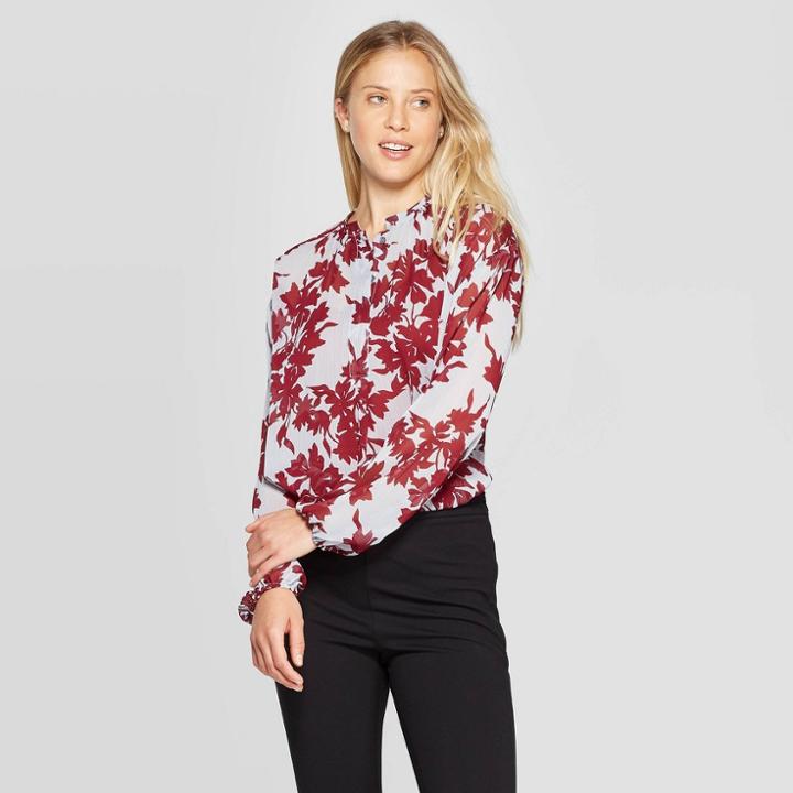 Women's Leaf Print Long Sleeve Collared Popover Blouse - A New Day Blue