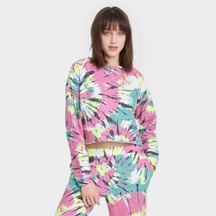 Women's Tie-dye Cropped Fleece Lounge Sweatshirt - Colsie Pink