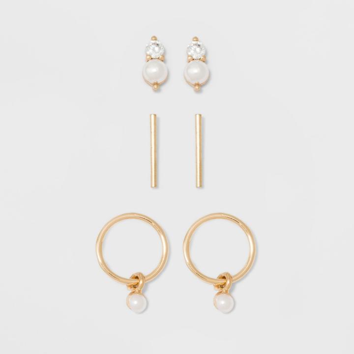 Simulated Pearl And Cubic Zirconia Circle, Stone And Bar Earring Set 3ct - A New Day Gold