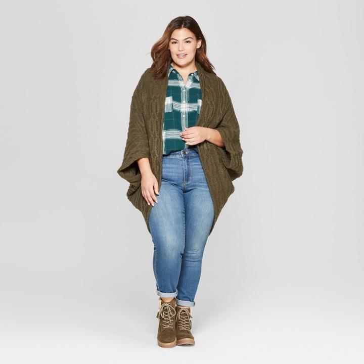 Women's Plus Size Long Sleeve Cocoon Open Layering - Universal Thread Olive (green)