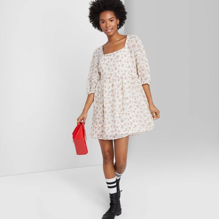 Women's Floral Print 3/4 Sleeve Square Neck Chiffon Dress - Wild Fable Ivory Xs, Women's, White