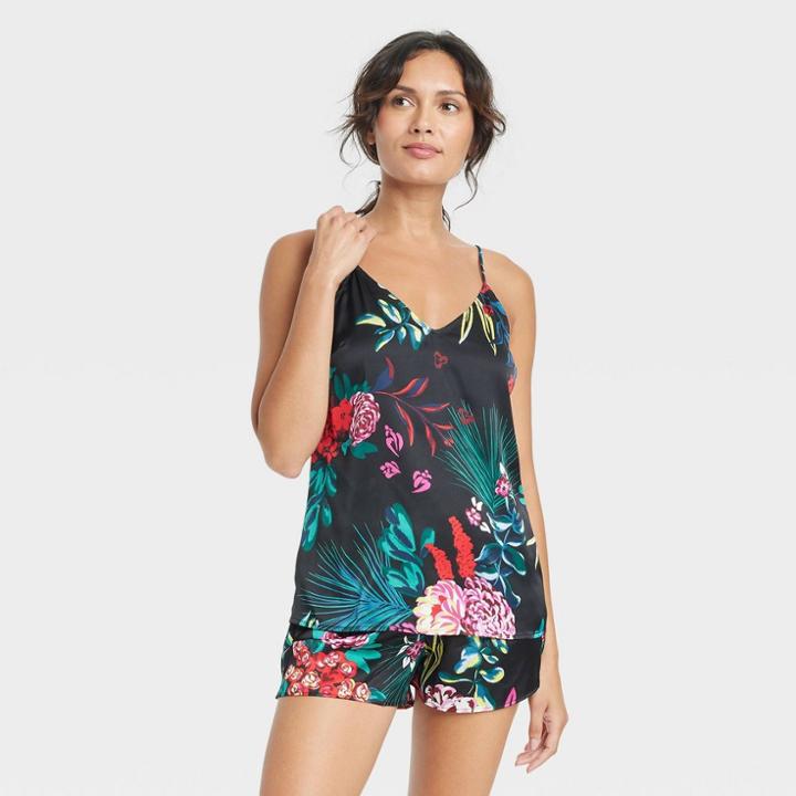 Women's Floral Print Satin Pajama Cami - Stars Above Black