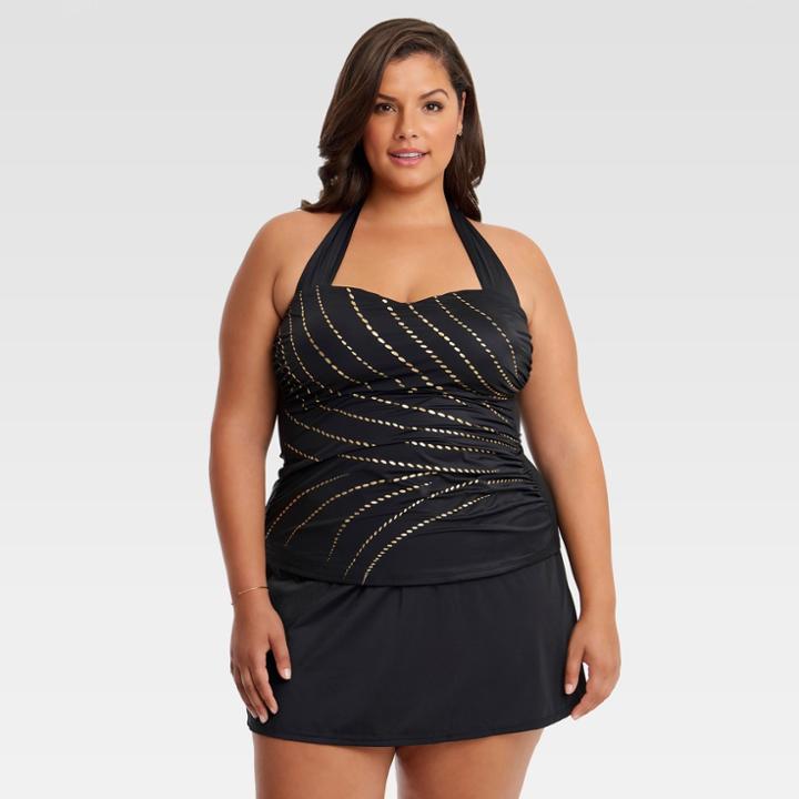 Plus Size Dreamsuit By Miracle Brands Women's Plus Slimming Control Gold Foil Tankini Top - Black