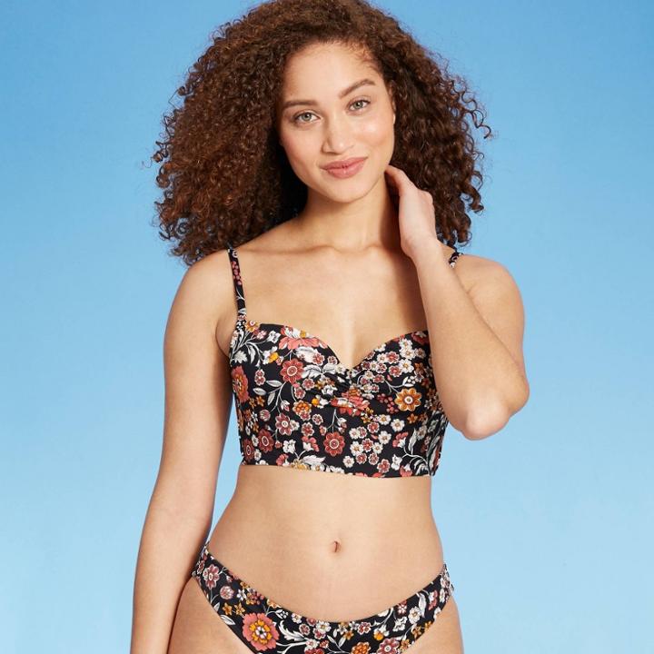 Women's Lightly Lined Longline Bikini Top - Shade & Shore Black Floral