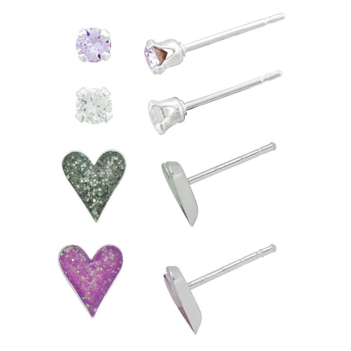 Target Girls' Sterling Silver 4 Pr-crystal Stud & Resin Heart Stud Earring Set-purple/white