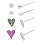 Target Girls' Sterling Silver 4 Pr-crystal Stud & Resin Heart Stud Earring Set-purple/white