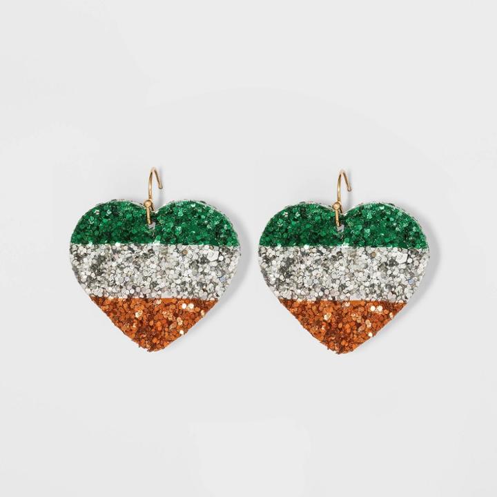 No Brand Glitter Irish Flag Heart Earrings, Green/orange/silver