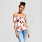 Women's Floral Print Flutter Sleeve Smocked Peplum Top - Almost Famous (juniors') White