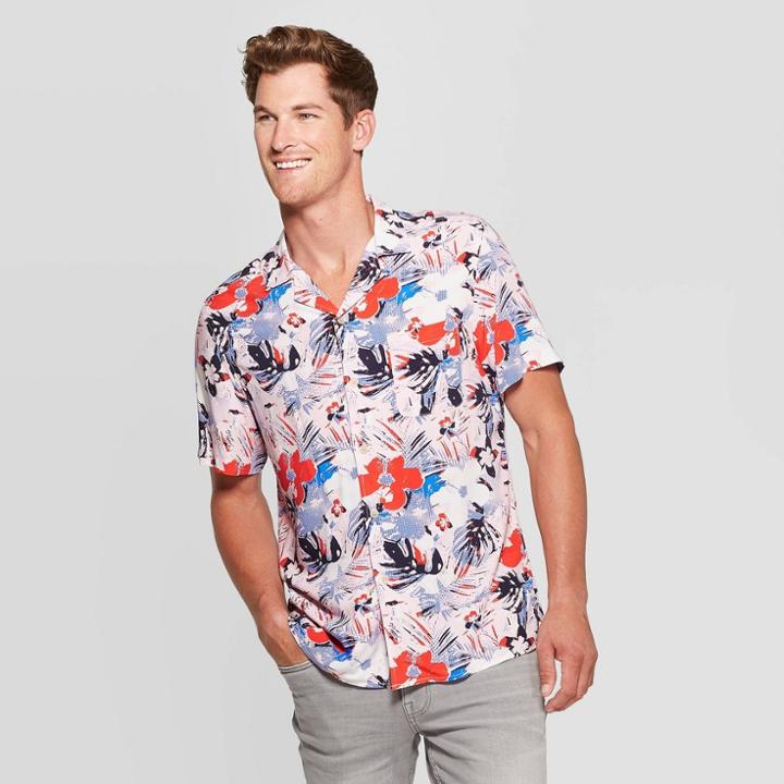 Men's Floral Print Standard Fit Button-down Shirt - Goodfellow & Co Peach S, Men's, Size: