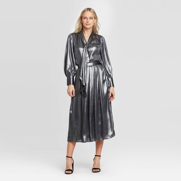 Women's Balloon Long Sleeve Drapey Tie Neck Blouse - Who What Wear Silver