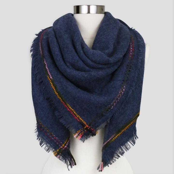 Sylvia Alexander Women's Striped Edged Stitching Blanket Scarf - Navy (blue)