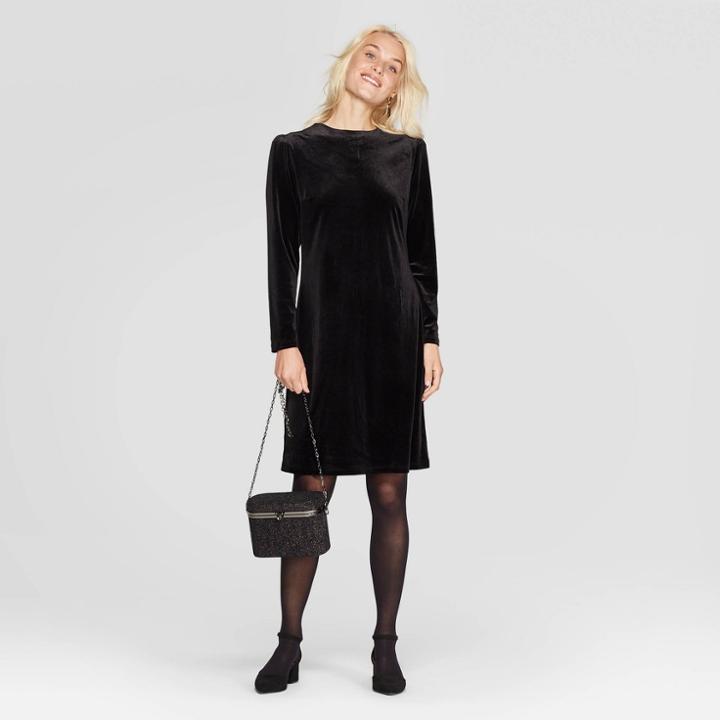 Women's Long Sleeve Crewneck Velvet Dress - A New Day Black S, Women's,
