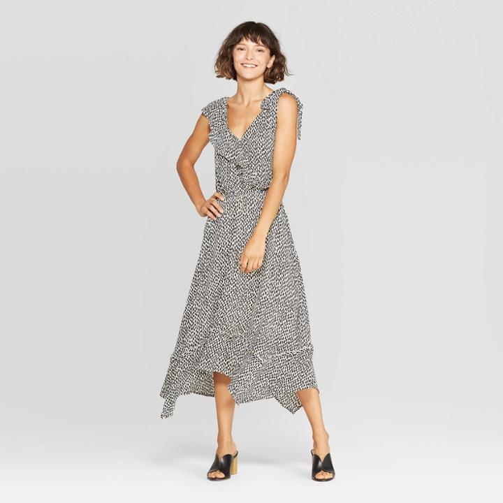 Women's Animal Print Sleeveless Ruffle V-neck A Line Midi Dress - Who What Wear Cream (ivory)