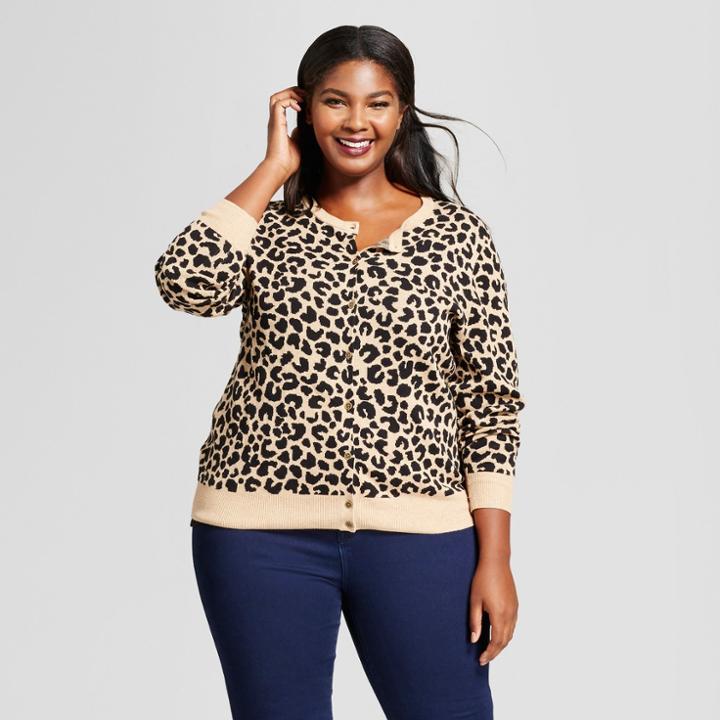 Women's Plus Size Animal Print Any Day Cardigan - A New Day Tan/black
