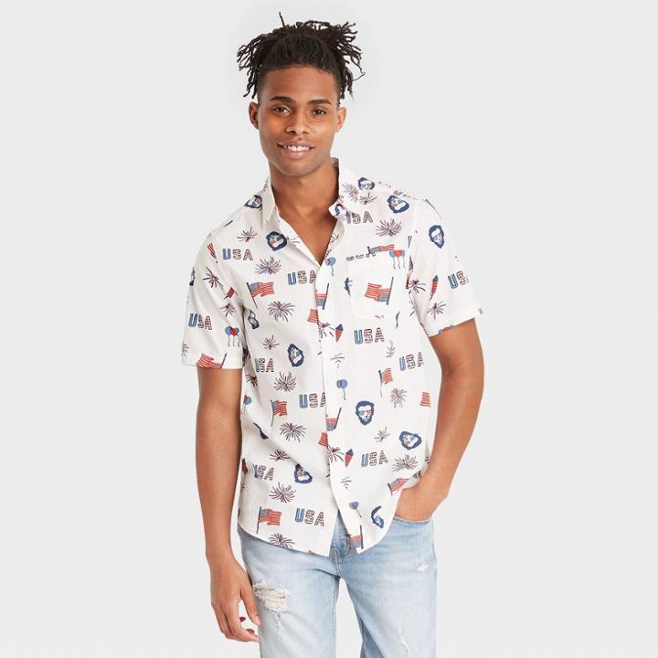 Mad Engine Men's Abraham Lincoln Flag Woven Button-down Shirt - White
