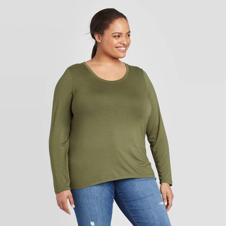 Women's Plus Size Long Sleeve T-shirt - Ava & Viv Olive 2x, Women's, Size: