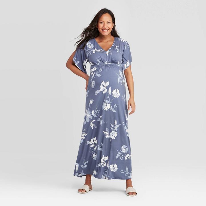 Maternity Floral Print Kimono Short Sleeve Maxi Dress - Isabel Maternity By Ingrid & Isabel Blue