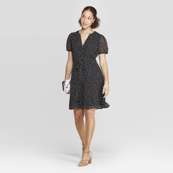 Women's Polka Dot Casual Fit Cap Sleeve Deep V-neck Dress - A New Day Black/white