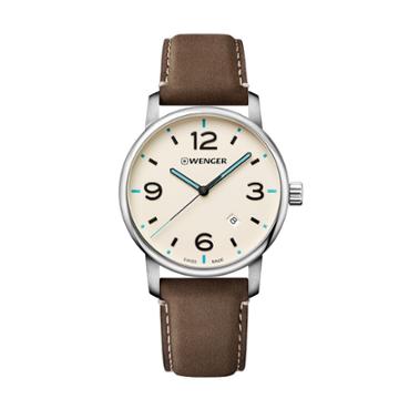 Men's Wenger Urban Metropolitan - Swiss Made - Off-white Dial Leather Strap Watch - Brown, Buff Beige