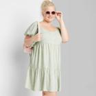 Women's Plus Size Floral Prints Short Puff Sleeve Round Neck Babydoll Mini Dress - Wild Fable Green 1x, Women's,