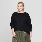 Plus Size Women's Plus Long Sleeve Placed Cable Pullover Sweater - Ava & Viv Black