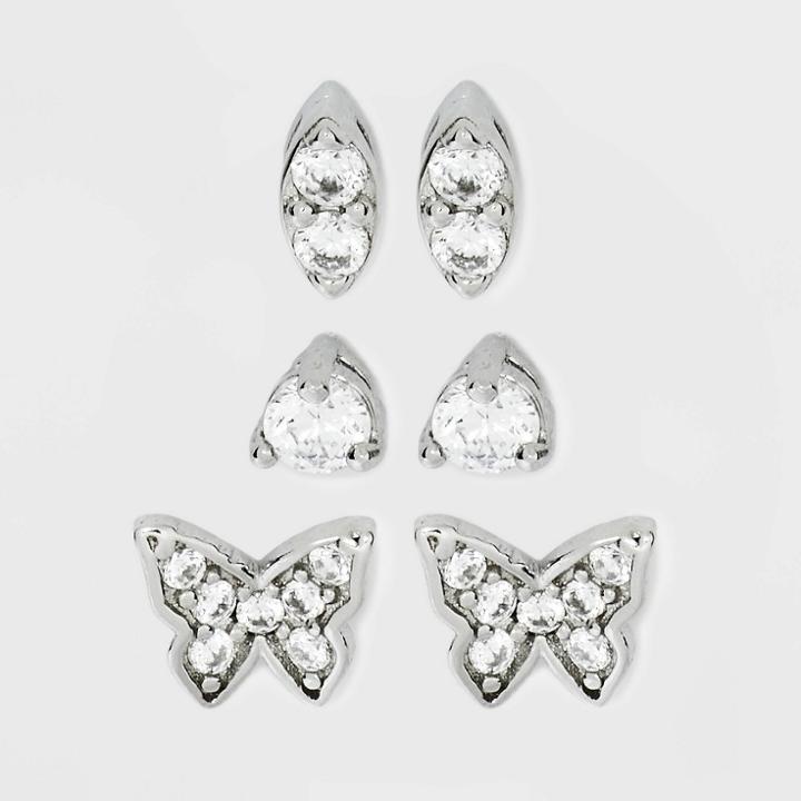 Sterling Silver Cubic Zirconia Butterfly And Stud Earring Set 3pc - A New Day