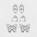 Sterling Silver Cubic Zirconia Butterfly And Stud Earring Set 3pc - A New Day